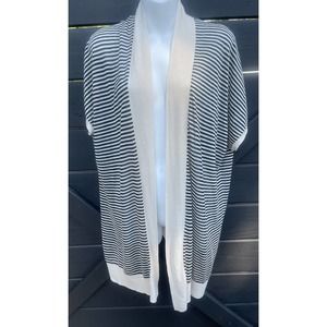 Ann Taylor LOFT Short Sleeve Drapey Black & Ivory Striped Open Sweater XS